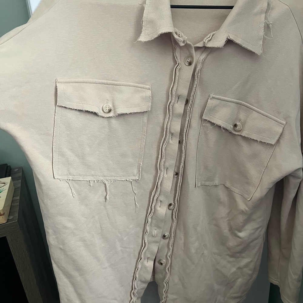 Beige Button-Up Shirt / Shacket with Frayed Edges
